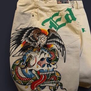 Ed Hardy Cream Jean Shorts with Graphic Design